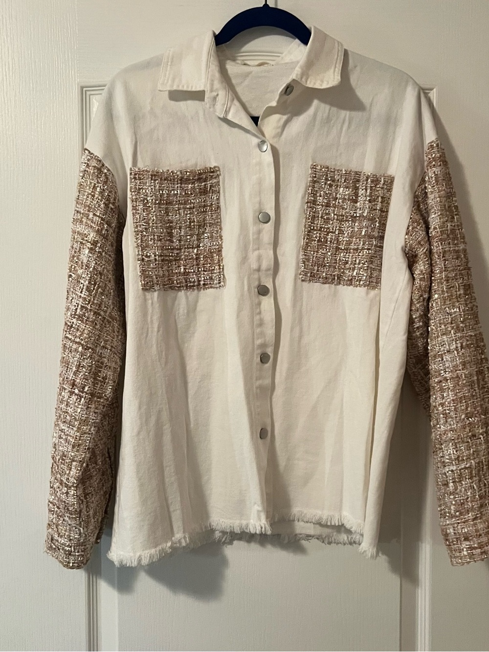 Woven Sleeve & Pocket Button-Up Shirt Jacket in Cream and Tan